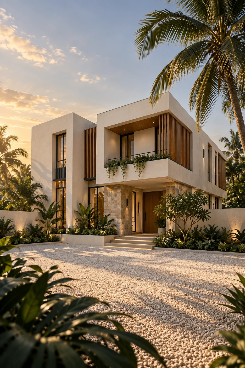 Architectural concept of an ivory contemporary home with tropical palms in warm afternoon light